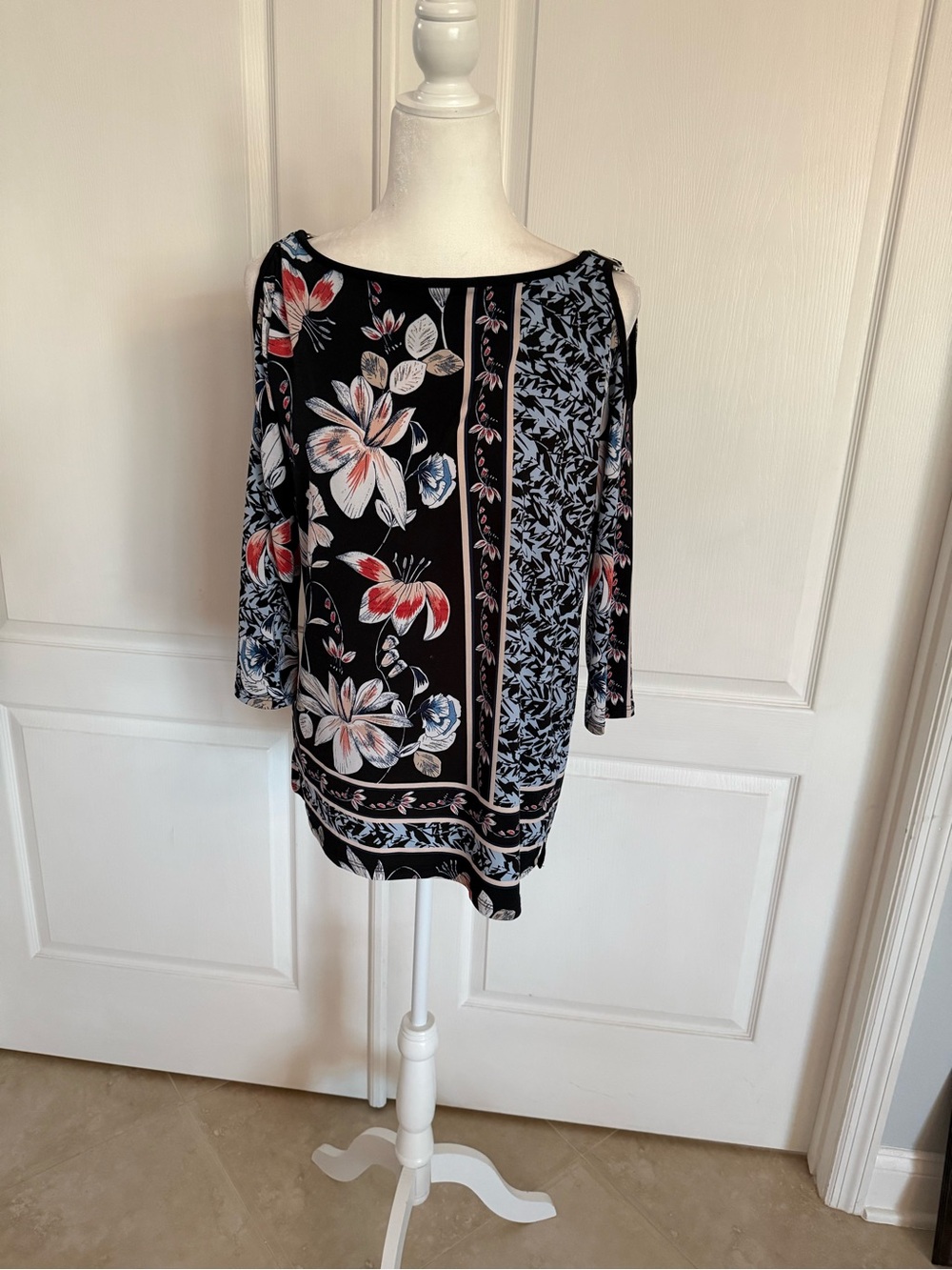 JM Collection Black Floral Cold-Shoulder Tunic with Red and Blue Accents